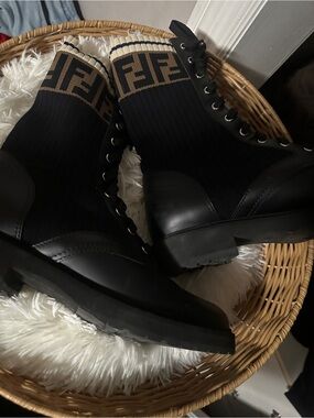 Fendi Black and Brown FF Logo Knit Lace-Up Boots